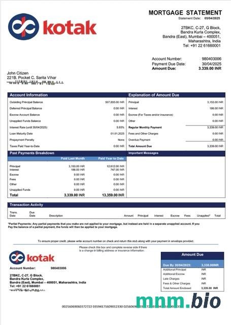 Indie Bank Kotak Mahindra wyciąg z kredytu hipotecznego szablon Word i PDF